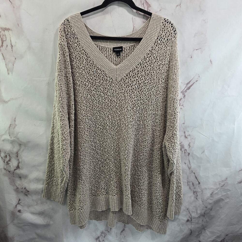 Torrid Sweater Womens 3 3X Beige V Neck Plunge Open Stitch Pullover Slouchy